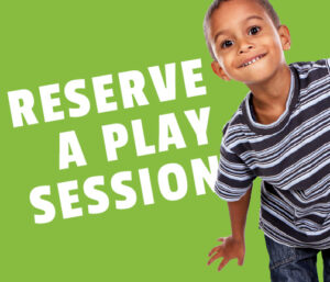 Image of a young boy moving his body on a green background with the words "Reserve a play session"