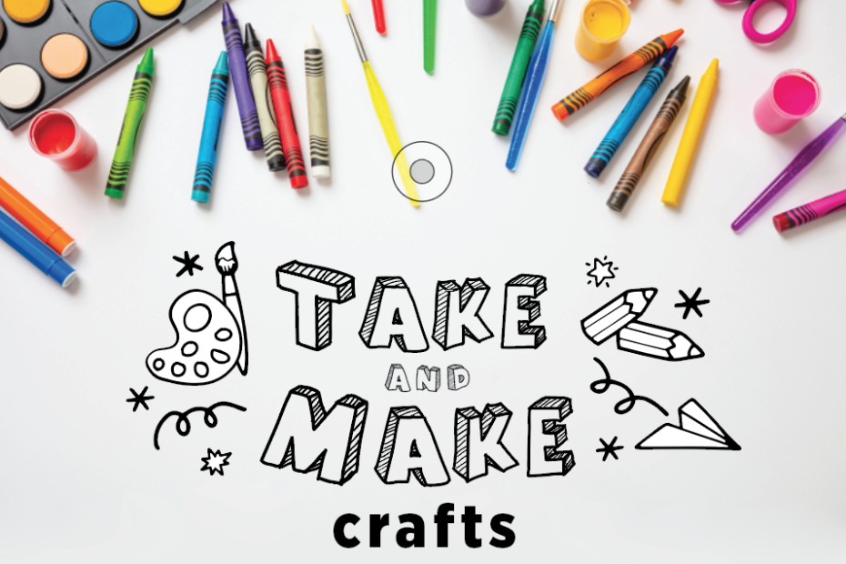 Take and Make Crafts logo on top of a pile of scattered art supplies